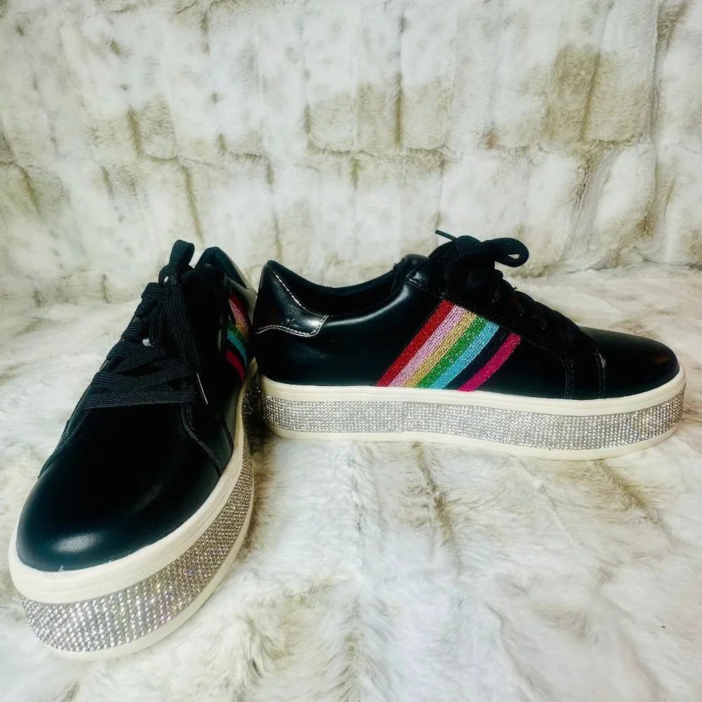 Pazzle Black Leatherett With Rainbow Stripes & Rhinestone Trim Platform Sneaker